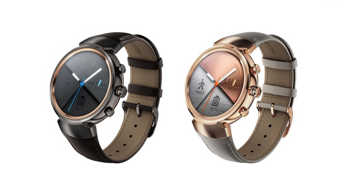 Two Asus ZenWatch 3 smartwatches with leather straps