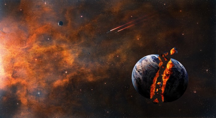 Exploding planet in a colorful nebula with meteors