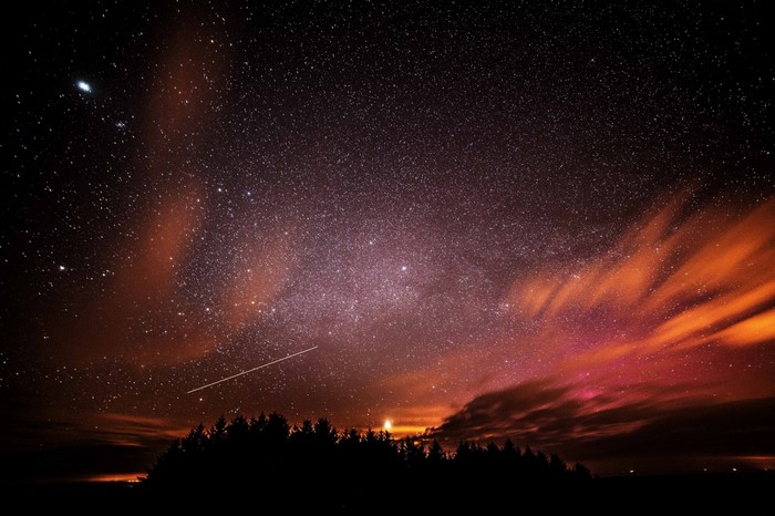 Night sky with Milky Way and shooting star over trees