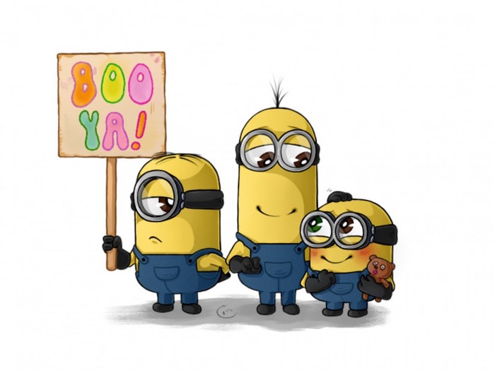 Minions holding a sign that says BOO YA!