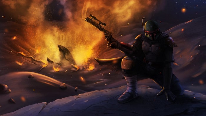 Boba Fett from Star Wars in a fiery landscape
