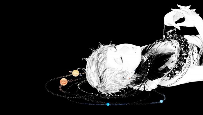 Monochrome illustration of a person with planets on chains