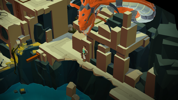 Lara Croft from Lara Croft GO facing a dragon