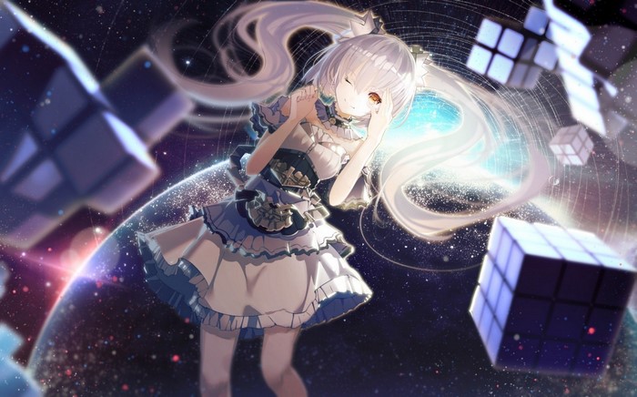 Anime girl with white twintails and yellow eyes in space