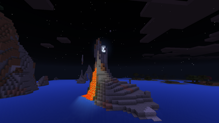 Minecraft night scene with lava and moon