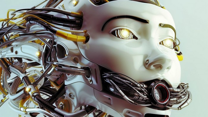 Close-up of a detailed robot head with wires