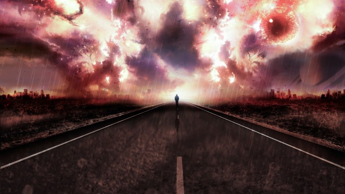 Man walking on road towards apocalyptic sky