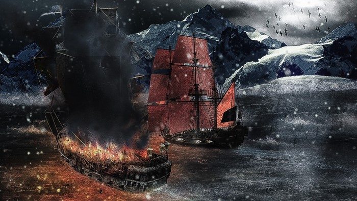Pirate ships in a snowy sea with mountains