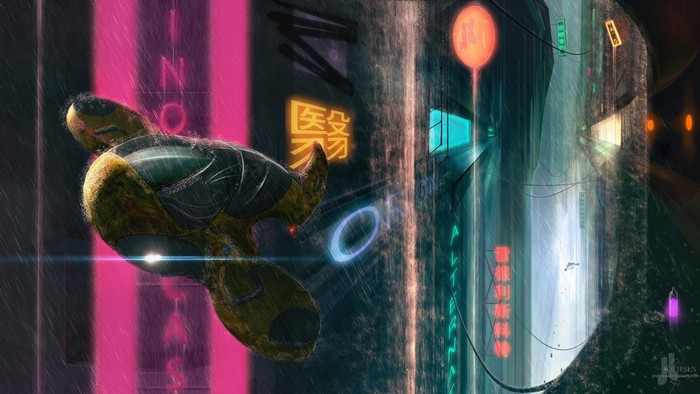 Cyberpunk spaceship flying through a rainy neon city at night