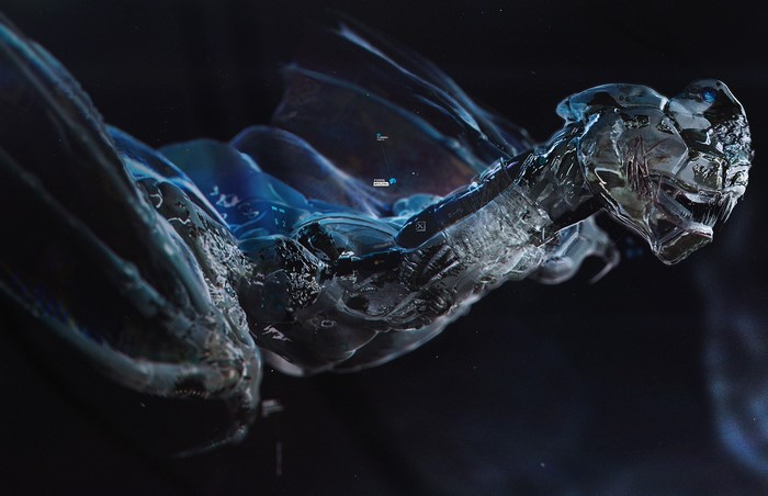Close up of a translucent, icy dragon-like creature