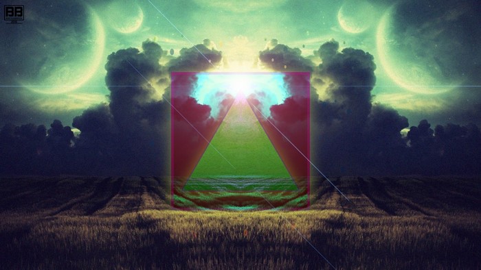 Surreal landscape with planets and a glowing portal