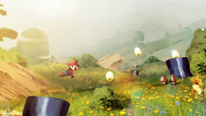 Mario from Super Mario running in a grassy field
