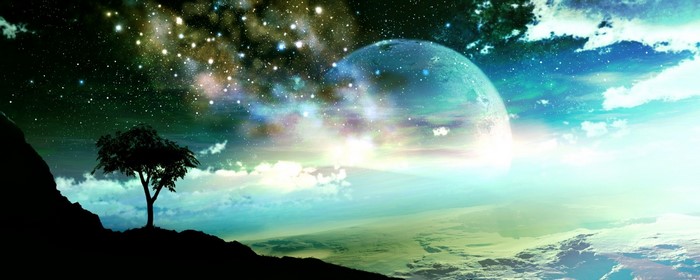 Alien planet with a large moon and starry sky