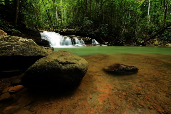 Waterfall flowing through a lush green forest with large rocks