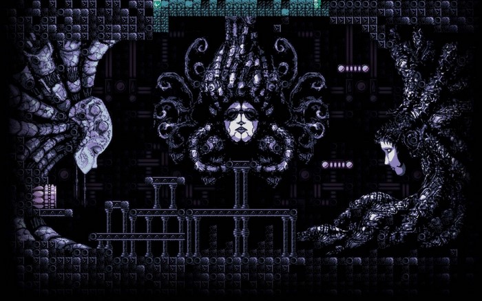 Axiom Verge screenshot with Medusa-like figures