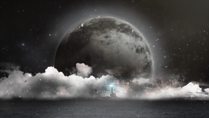 Moon over city with lighthouse and ocean