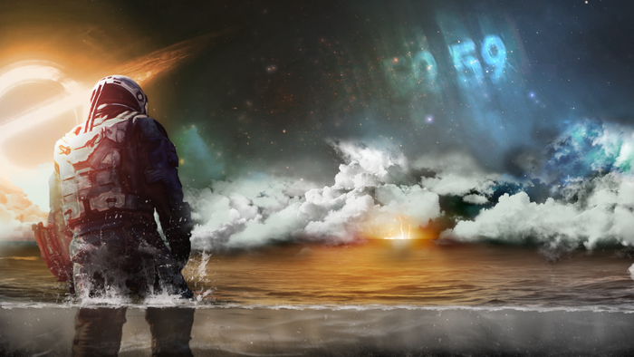 Astronaut standing in water with Gargantua and clouds