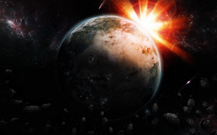 Planet in space with sun and asteroids