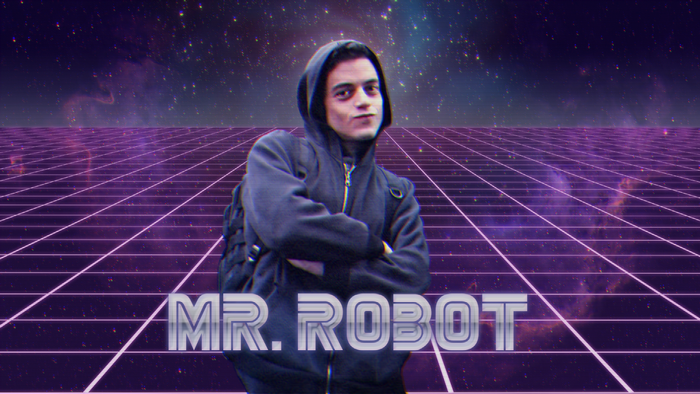 Elliot Alderson from Mr. Robot in a retro grid landscape