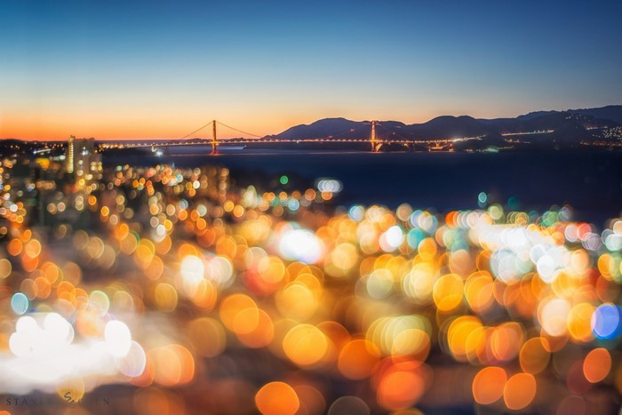 Golden Gate Bridge at Dusk with Bokeh City Lights