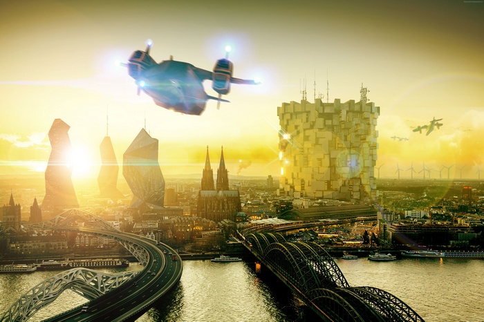Deus Ex: Mankind Divided cyberpunk cityscape with flying vehicles