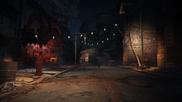 Fallout 4 night scene with streetlights and buildings