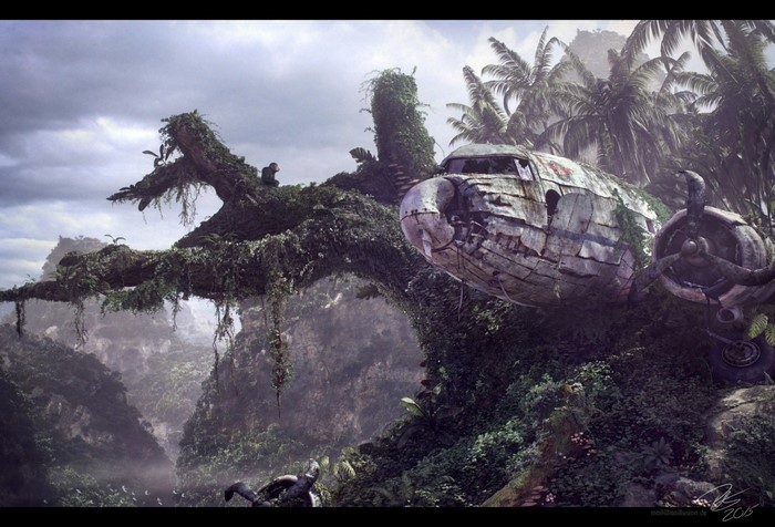 Abandoned Airplane Wreck in Lush Jungle Forest