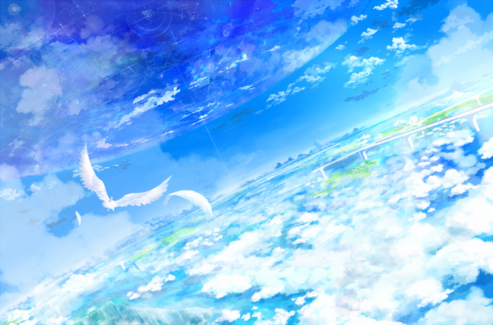 Angels flying over a planet with clouds and structures
