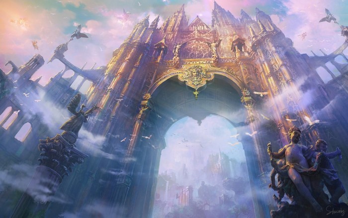 Fantasy Cathedral Gates with Angel Statues and Birds