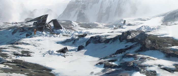 Star Wars scene with crashed ship in snowy mountains