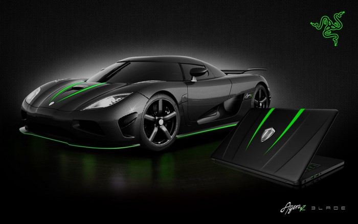 Black Koenigsegg Agera RS with Razer Blade laptop