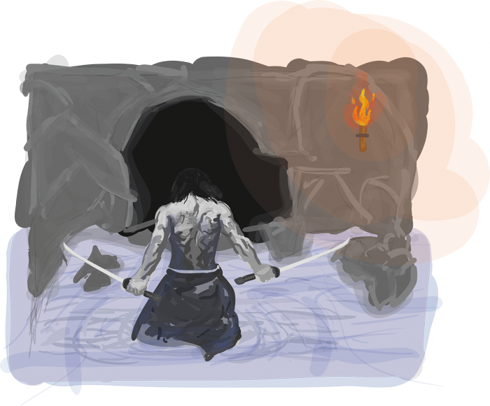 Man with swords in a cave with a torch