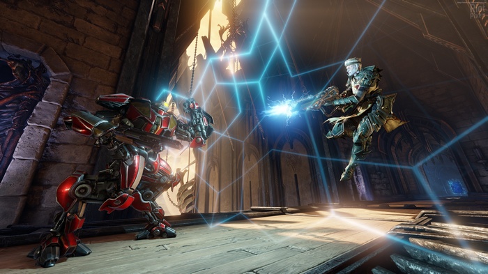 Robot and warrior fighting in Quake Champions