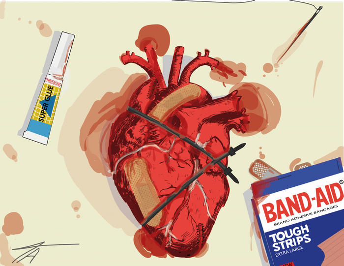 Illustration of a damaged heart with medical supplies
