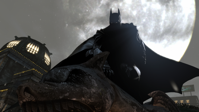 Batman from Batman Arkham Origins on a gargoyle