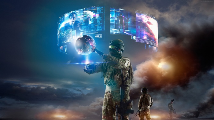 Soldiers interacting with a futuristic holographic display