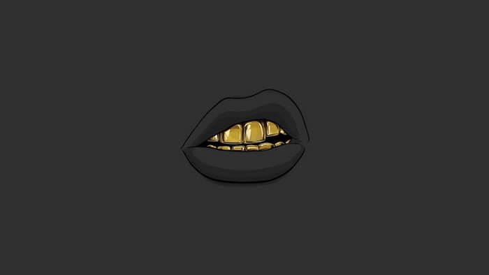 Illustration of black lips with gold teeth