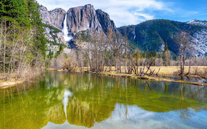 Yosemite Falls and Merced River in Yosemite Valley
