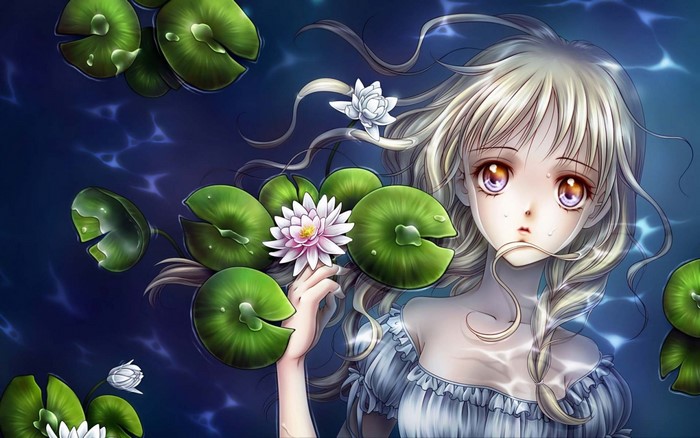 Anime girl with blonde hair and water lilies