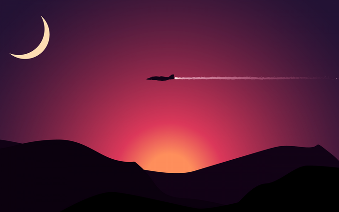 Silhouette of a jet leaving a contrail over mountains at sunset with a crescent moon