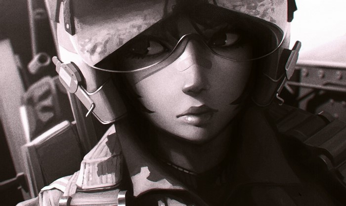 Pilot in a cockpit wearing a helmet and goggles