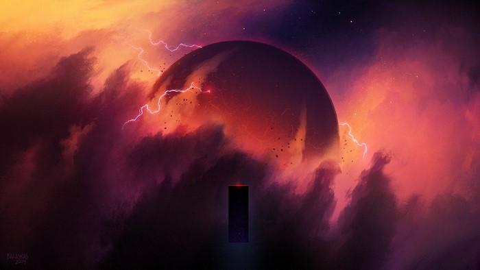 Monolith in a nebula with lightning and a planet