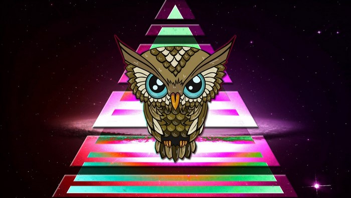 Stylized Owl on a Retro-Futuristic Pyramid in Space