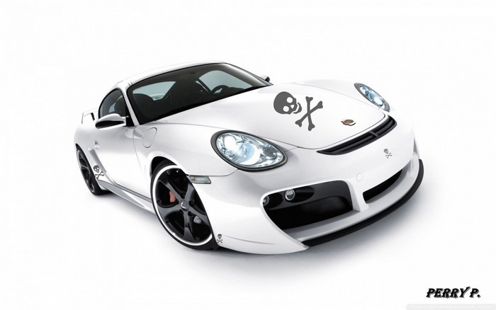 White Porsche Cayman with Skull Decals