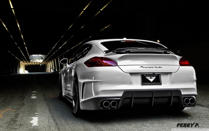 White Porsche Panamera Turbo in a tunnel