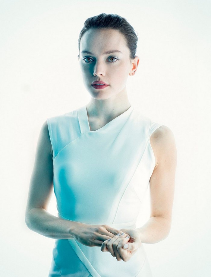 Daisy Ridley in a white dress