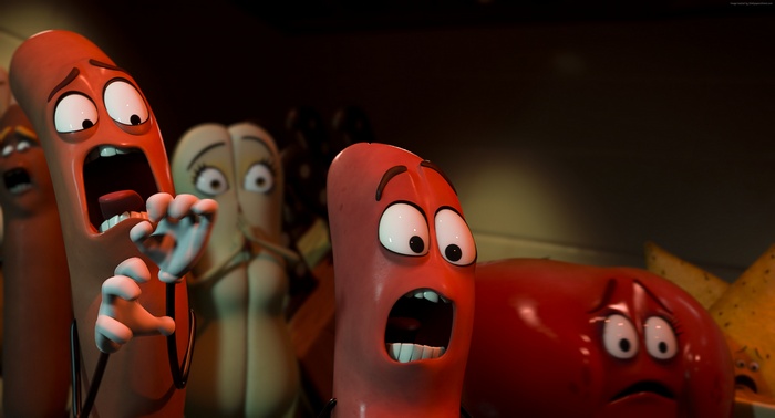 Sausage Party characters in a dark setting