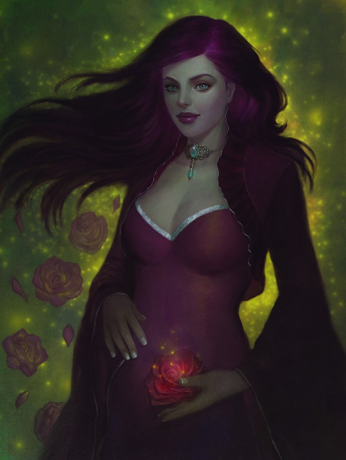 Woman with purple hair holding a glowing rose