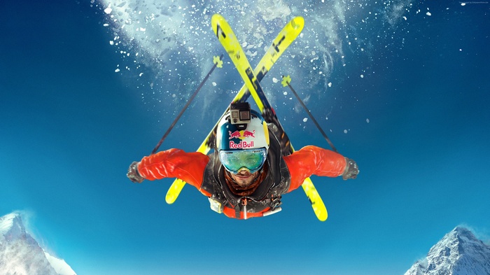 Skier in mid-air with Red Bull helmet
