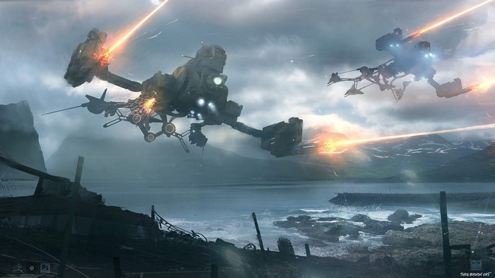 Science fiction mechs in aerial combat over a rocky coast